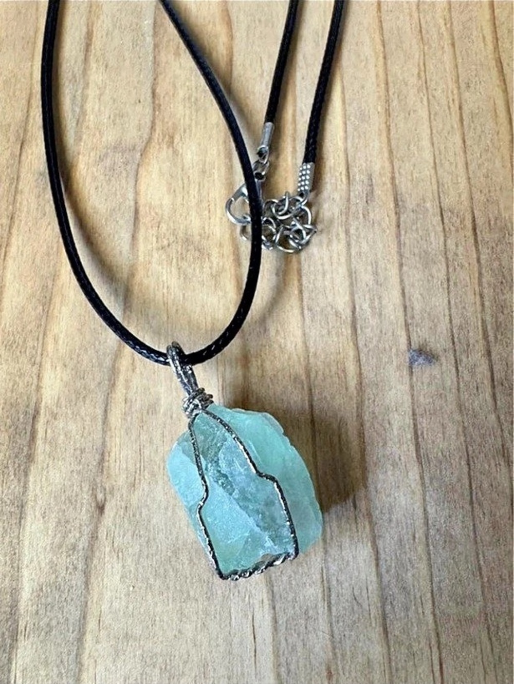 Green Fluorite Raw Crystal Wire Wrapped Pendant Necklace | Black Cord